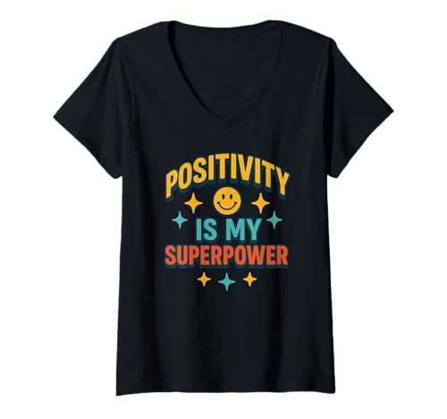 Damen Positivität ist Meine Superkraft Retro Happy Face Positive Vibes T-Shirt mit V-Ausschnitt von Cute 80s Smile Happy Tee