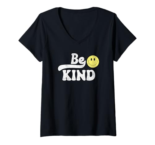 Damen Retro Be Kind Gelb Happy Face Positive Vibe Smile Face Fun T-Shirt mit V-Ausschnitt von Cute 80s Smile Happy Tee