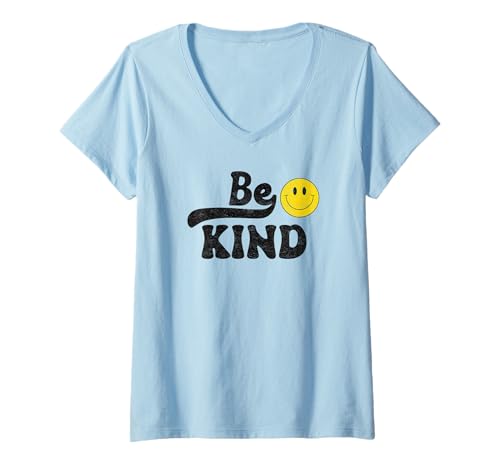 Damen Retro Be Kind Gelb Happy Face Positive Vibe Smile Face Fun T-Shirt mit V-Ausschnitt von Cute 80s Smile Happy Tee