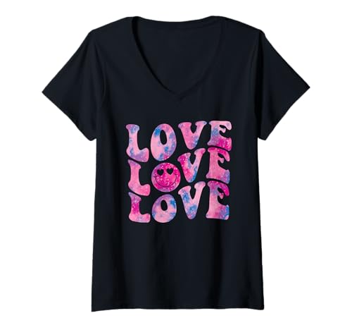 Damen Retro Love Happy Face Herzaugen Groovy Galaxy Smile Face T-Shirt mit V-Ausschnitt von Cute 80s Smile Happy Tee