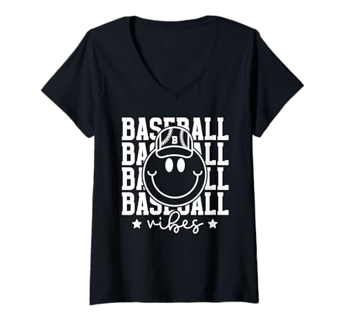 Damen Smile Face Baseball Vibes Varsity Süßer Happy Face Baseball T-Shirt mit V-Ausschnitt von Cute 80s Smile Happy Tee
