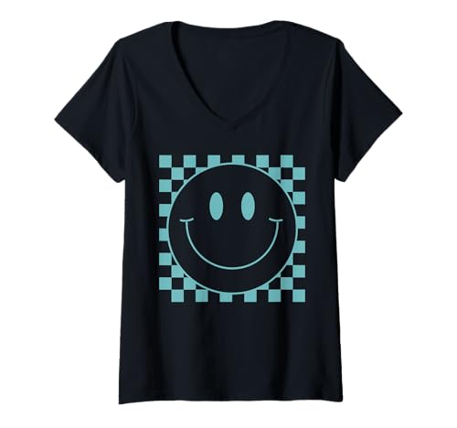 Damen Süßes blau Kariertes Lächeln Gesicht Frieden lächelnd Happy Face Boy T-Shirt mit V-Ausschnitt von Cute 80s Smile Happy Tee