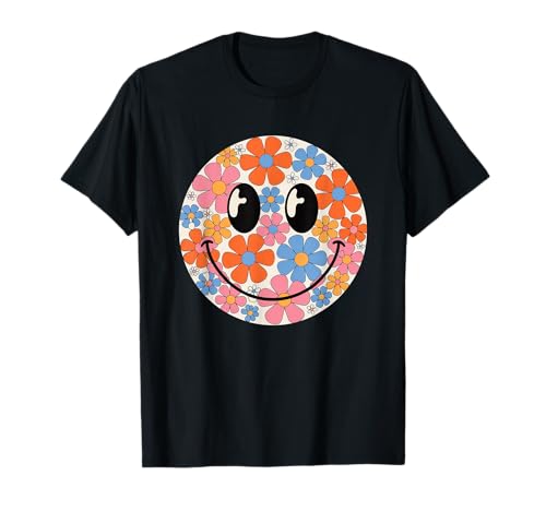 Happy Face Shirt im Retro-Stil mit Blumen, süßes lächelndes Gesicht, fetziges Mädchen T-Shirt von Cute 80s Smile Happy Tee