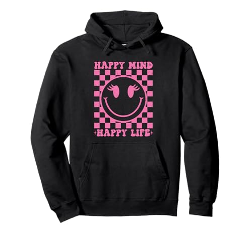 Happy Mind Happy Life Süßes Mädchen im Vintage-Stil mit glücklichem Gesicht, kariert Pullover Hoodie von Cute 80s Smile Happy Tee