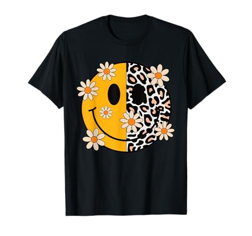 Retro Happy Face Leopard Muster Gänseblümchen Blumen Frauen Mädchen T-Shirt von Cute 80s Smile Happy Tee