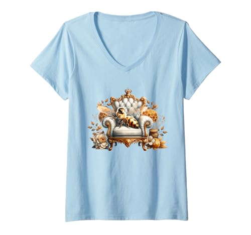 Damen Honey Bee Queen On A Victorian Chair for Women Floral Flower T-Shirt mit V-Ausschnitt von Cute Aesthetic Bee Gifts With Bees For Women Girls