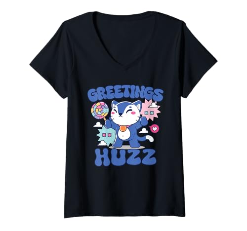 Damen Grüße Huzz Funny Gen Z Alpha Silly Kitten Cat Meme Geschenke T-Shirt mit V-Ausschnitt Damen Grüße Huzz Funny Gen Z Alpha Silly Kitten Cat Meme Geschenke T-Shirt mit V-Ausschnitt von Cute Alpha Humor Silly Anime Cat with Lollipop
