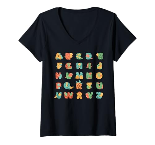Damen Niedlicher Alphabet-Dinosaurier für Kleinkinder, niedliche erste Klasse T-Shirt mit V-Ausschnitt Damen Niedlicher Alphabet-Dinosaurier für Kleinkinder, niedliche erste Klasse T-Shirt mit V-Ausschnitt von Cute Alphabet Kids Apparel