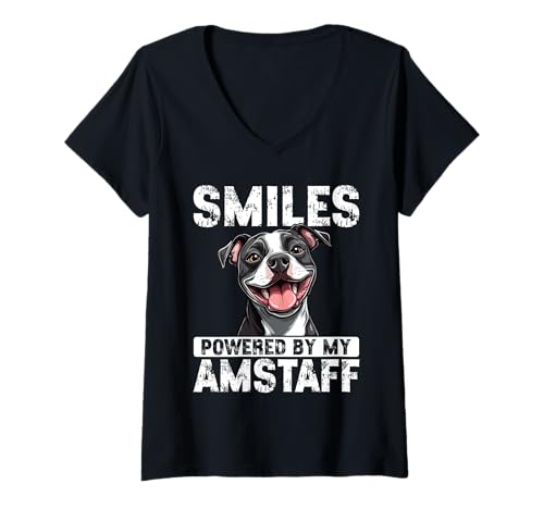Damen American Staffordshire Terrier Smiles powered by my Amstaff T-Shirt mit V-Ausschnitt von Cute Amstaff Dog Tees