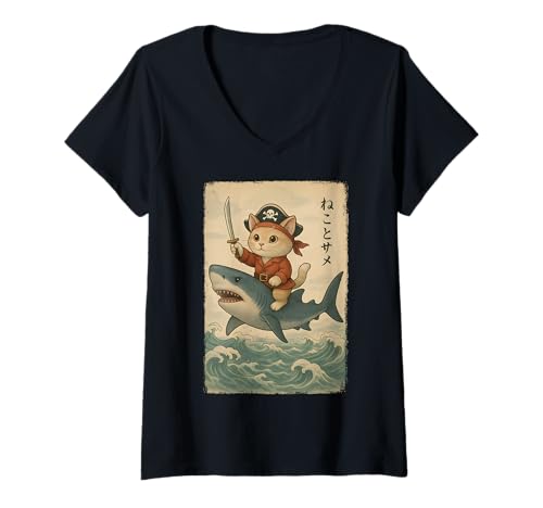Damen Retro Kawaii Pirat Katze Reiten Hai Vintage Japanischer Stil T-Shirt mit V-Ausschnitt Damen Retro Kawaii Pirat Katze Reiten Hai Vintage Japanischer Stil T-Shirt mit V-Ausschnitt von Cute Animal Cat Samurai Japanese Wave Aesthetic