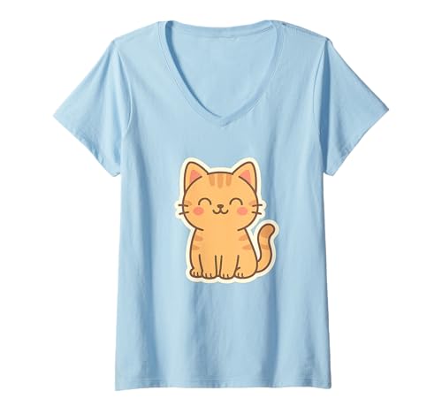 Damen Happy Kawaii Cat Illustration. Niedliche Tierkunst. T-Shirt mit V-Ausschnitt Damen Happy Kawaii Cat Illustration. Niedliche Tierkunst. T-Shirt mit V-Ausschnitt von Cute Animal Characters by Lumi Art