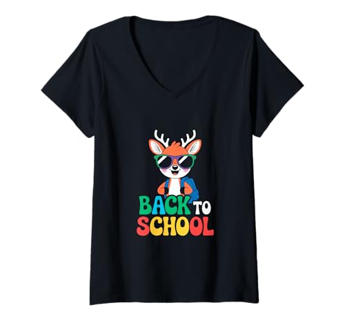 Damen Peace and Love School Deer Sonnenbrille Lustig Back to School T-Shirt mit V-Ausschnitt Damen Peace and Love School Deer Sonnenbrille Lustig Back to School T-Shirt mit V-Ausschnitt von Cute Animal Graphic