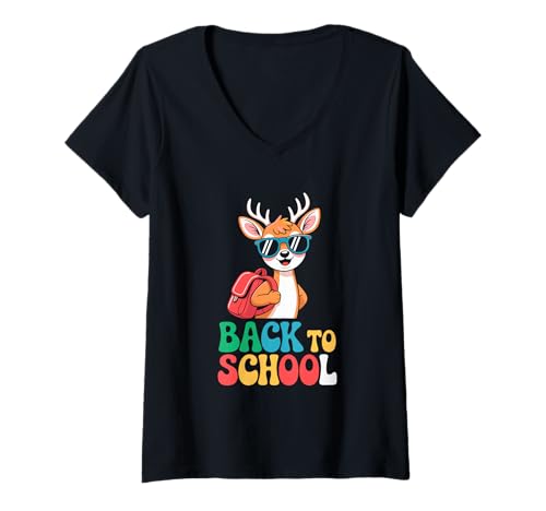 Damen Retro -Grafikhirsche Sonnenbrillen für die Schule T-Shirt mit V-Ausschnitt Damen Retro -Grafikhirsche Sonnenbrillen für die Schule T-Shirt mit V-Ausschnitt von Funny Animal Back to School