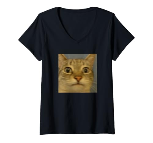 Damen Lustiges unangenehmes Katzengesicht Meme verschwommenes Foto Humor T-Shirt mit V-Ausschnitt von Cute Animal Internet Meme Art (Cat)