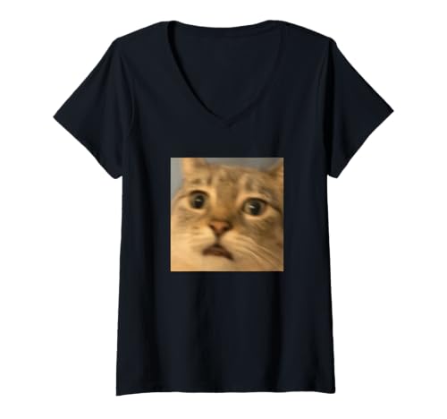 Damen Lustiges überraschtes Katzengesicht Meme Humor verschwommenes Foto T-Shirt mit V-Ausschnitt von Cute Animal Internet Meme Graphic (Cat)
