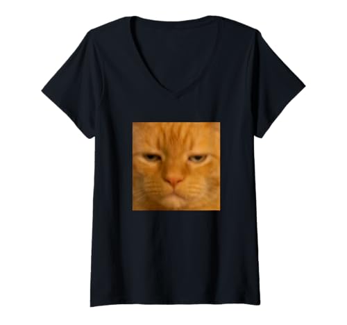 Damen Lustiges orangefarbenes Katzengesicht Meme verschwommenes Foto Humor T-Shirt mit V-Ausschnitt von Cute Animal Internet Meme Style (Orange Cat)