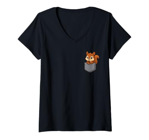 Damen Eichhörnchen in der Brusttasche Lustig Niedlich Eichhörnchen Shirt Herren Damen T-Shirt mit V-Ausschnitt von Cute Animal Lovers Squirrel Pocket Gifts