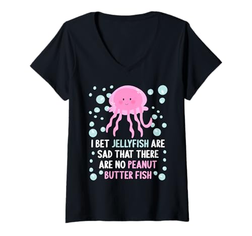 Damen Ich Wette, Quallen sind traurig, DASS es Keine Erdnussbutterfische gibt T-Shirt mit V-Ausschnitt Damen Ich Wette, Quallen sind traurig, DASS es Keine Erdnussbutterfische gibt T-Shirt mit V-Ausschnitt von Cute Animal Puns Inc.