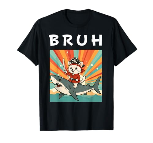 Kawaii Pirat Katze Reiten Hai Retro Halloween Geburtstag Kinder T-Shirt von Cute Animal Samurai Warrior Bday Party Cat Lover