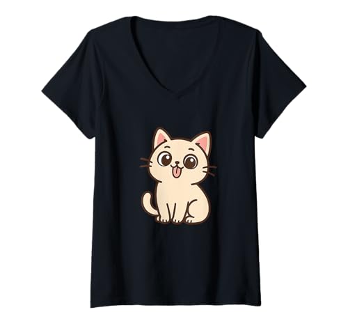 Damen Alberne Kawaii-Katzenkunst. Verspielte Haustierfigur. T-Shirt mit V-Ausschnitt von Cute Animal by Lumi Art