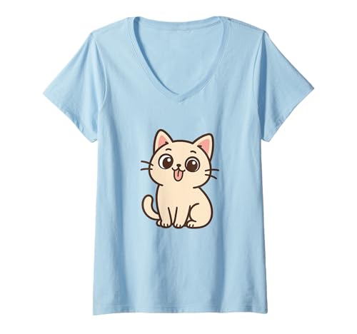 Damen Alberne Kawaii-Katzenkunst. Verspielte Haustierfigur. T-Shirt mit V-Ausschnitt von Cute Animal by Lumi Art
