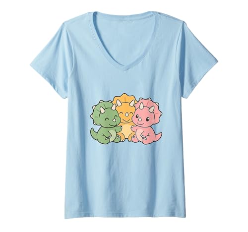 Damen Baby Dinosaurier Cuddle Brontosaurus Buddy Design T-Shirt mit V-Ausschnitt von Cute Animal by Lumi Art