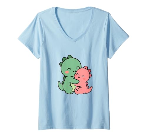 Damen Baby Dinosaurier Cuddle Cartoon Dino Design T-Shirt mit V-Ausschnitt von Cute Animal by Lumi Art