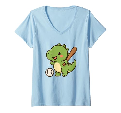 Damen Baseball Dino Schaukel Niedlich Kawaii Dino, Sport T-Shirt mit V-Ausschnitt von Cute Animal by Lumi Art