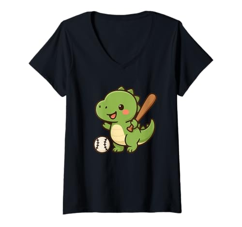 Damen Baseball Dino Schaukel Niedlich Kawaii Dino, Sport T-Shirt mit V-Ausschnitt von Cute Animal by Lumi Art