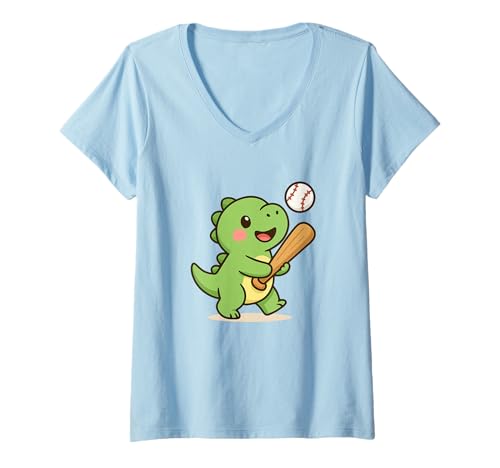 Damen Baseball Dino Schaukel Niedlich Kawaii Dino, Sport T-Shirt mit V-Ausschnitt von Cute Animal by Lumi Art