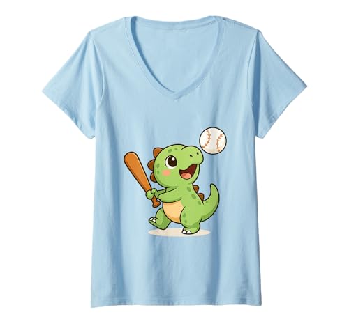 Damen Baseball Dino Schaukel Niedlich Kawaii Dino, Sport T-Shirt mit V-Ausschnitt von Cute Animal by Lumi Art