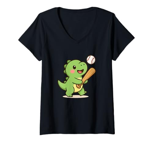 Damen Baseball Dino Schaukel Niedlich Kawaii Dino, Sport T-Shirt mit V-Ausschnitt von Cute Animal by Lumi Art