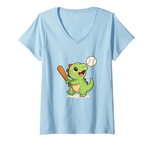 Damen Baseball Dino Schaukel Niedlich Kawaii Dino, Sport T-Shirt mit V-Ausschnitt von Cute Animal by Lumi Art