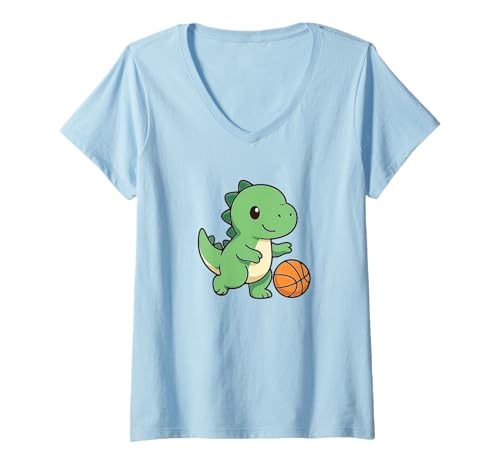 Damen Basketball Niedlicher Kawaii Dino T-Shirt mit V-Ausschnitt von Cute Animal by Lumi Art