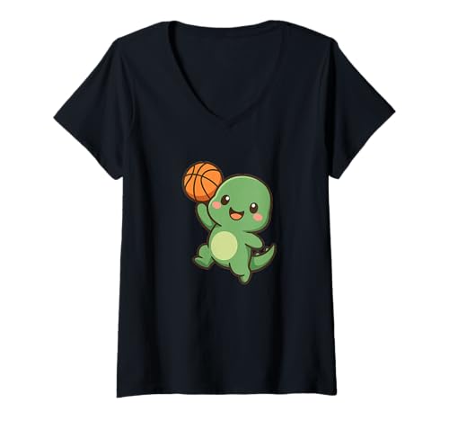 Damen Basketball Niedlicher Kawaii Dino T-Shirt mit V-Ausschnitt von Cute Animal by Lumi Art