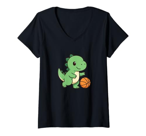 Damen Basketball Niedlicher Kawaii Dino T-Shirt mit V-Ausschnitt von Cute Animal by Lumi Art