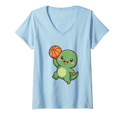 Damen Basketball Niedlicher Kawaii Dino T-Shirt mit V-Ausschnitt von Cute Animal by Lumi Art