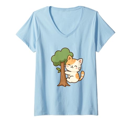 Damen Baum Kawaii Katze Zeichnung Niedliche Tierkunst T-Shirt mit V-Ausschnitt von Cute Animal by Lumi Art