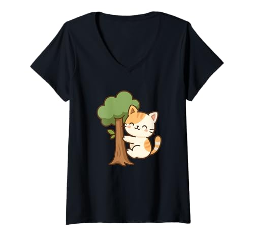 Damen Baum Kawaii Katze Zeichnung Niedliche Tierkunst T-Shirt mit V-Ausschnitt von Cute Animal by Lumi Art