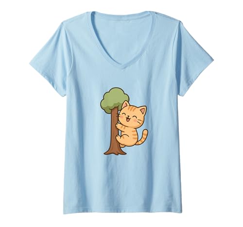 Damen Baum Kawaii Katze Zeichnung Niedliche Tierkunst T-Shirt mit V-Ausschnitt von Cute Animal by Lumi Art