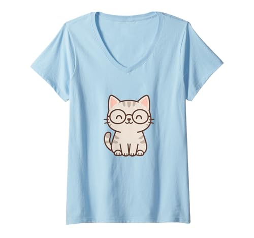 Damen Brille Kawaii Katze Zeichnung Niedliche Tierkunst T-Shirt mit V-Ausschnitt von Cute Animal by Lumi Art