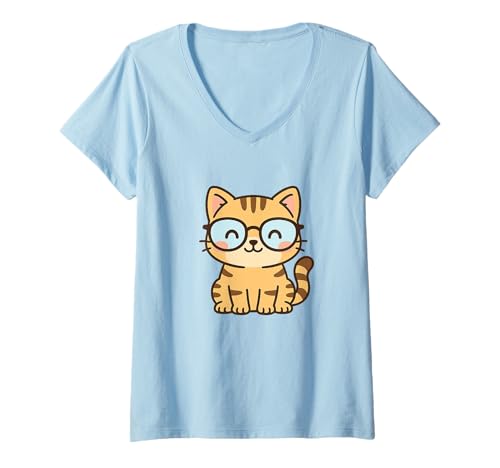 Damen Brille Kawaii Katze Zeichnung Niedliche Tierkunst T-Shirt mit V-Ausschnitt von Cute Animal by Lumi Art
