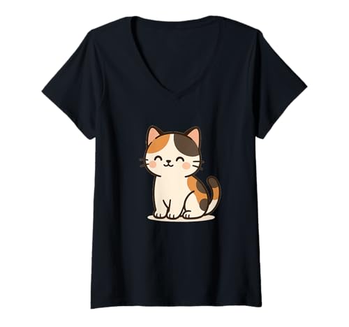 Damen Calico Kawaii Katze Zeichnung Niedliche Tierkunst T-Shirt mit V-Ausschnitt von Cute Animal by Lumi Art