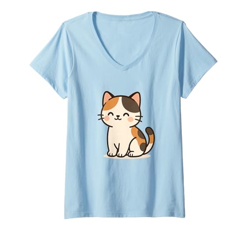 Damen Calico Kawaii Katze Zeichnung Niedliche Tierkunst T-Shirt mit V-Ausschnitt von Cute Animal by Lumi Art