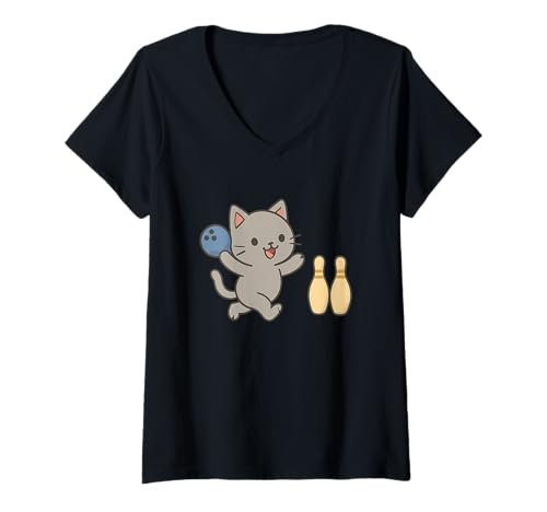 Damen Cat Bowling Süße Kawaii Sportkatze T-Shirt mit V-Ausschnitt von Cute Animal by Lumi Art