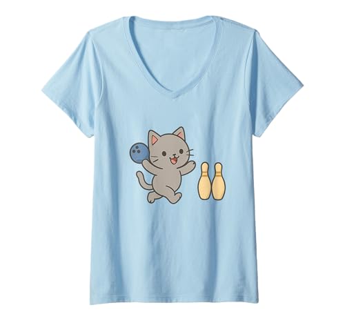 Damen Cat Bowling Süße Kawaii Sportkatze T-Shirt mit V-Ausschnitt von Cute Animal by Lumi Art