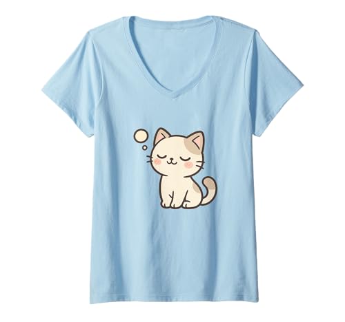 Damen Daydreaming Kawaii Cat Drawing Cute Animal Artwork T-Shirt mit V-Ausschnitt von Cute Animal by Lumi Art