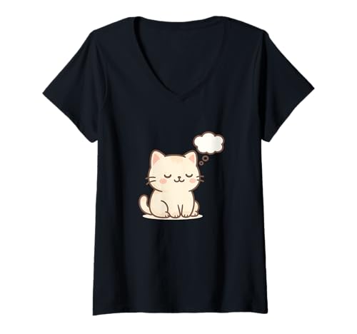 Damen Daydreaming Kawaii Cat Drawing Cute Animal Artwork T-Shirt mit V-Ausschnitt von Cute Animal by Lumi Art
