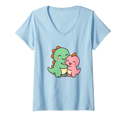 Damen Dino Friends Forever Niedliches Kawaii-Dinosaurier-Design. T-Shirt mit V-Ausschnitt von Cute Animal by Lumi Art