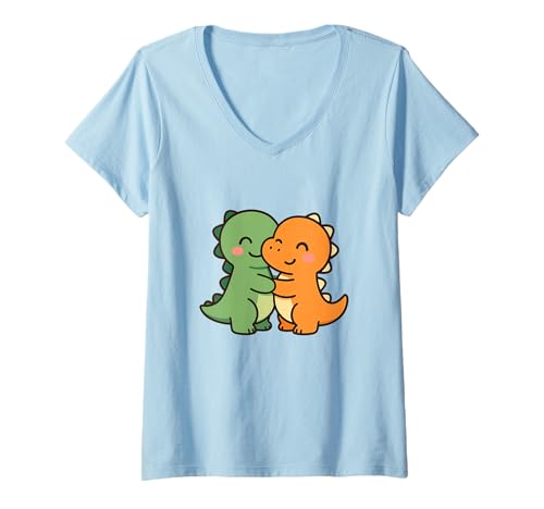 Damen Dino Friends Forever Niedliches Kawaii-Dinosaurier-Design. T-Shirt mit V-Ausschnitt von Cute Animal by Lumi Art